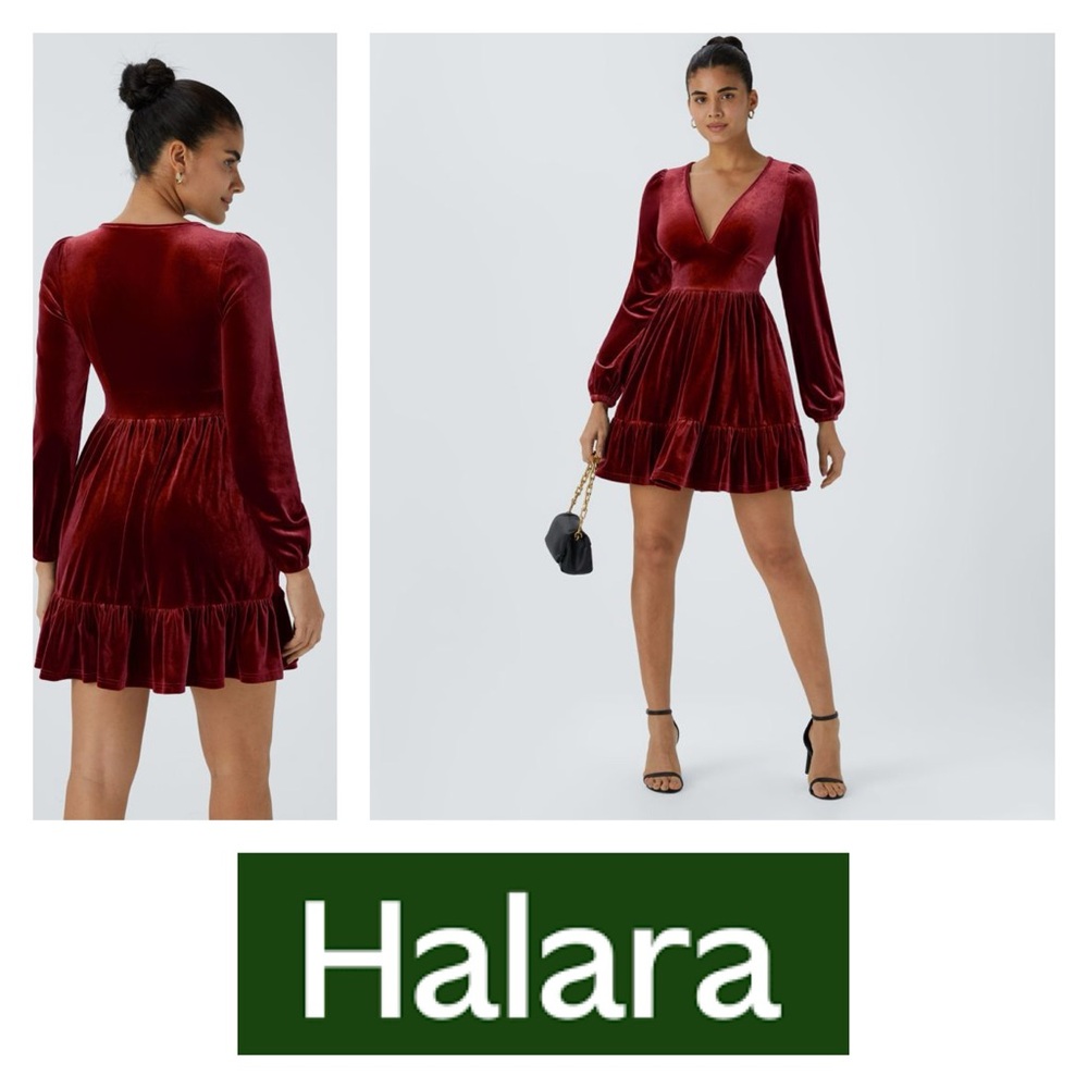 HALARA Red Everyday Deep V Neck Long Sleeve Ruffled Hem Velvet Mini Dress